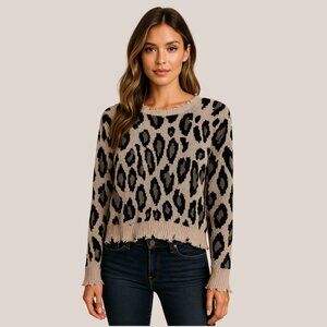 Decker Leopard Distressed Sweater, Oversized Jacquard Knit, Size Small